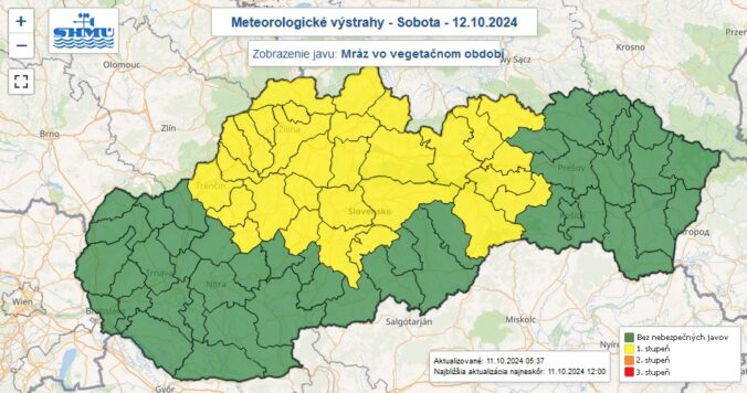 Varovanie prvého stupňa pred mrazom vo vegetačnom období vydané na sobotu 12. októbra 2024.